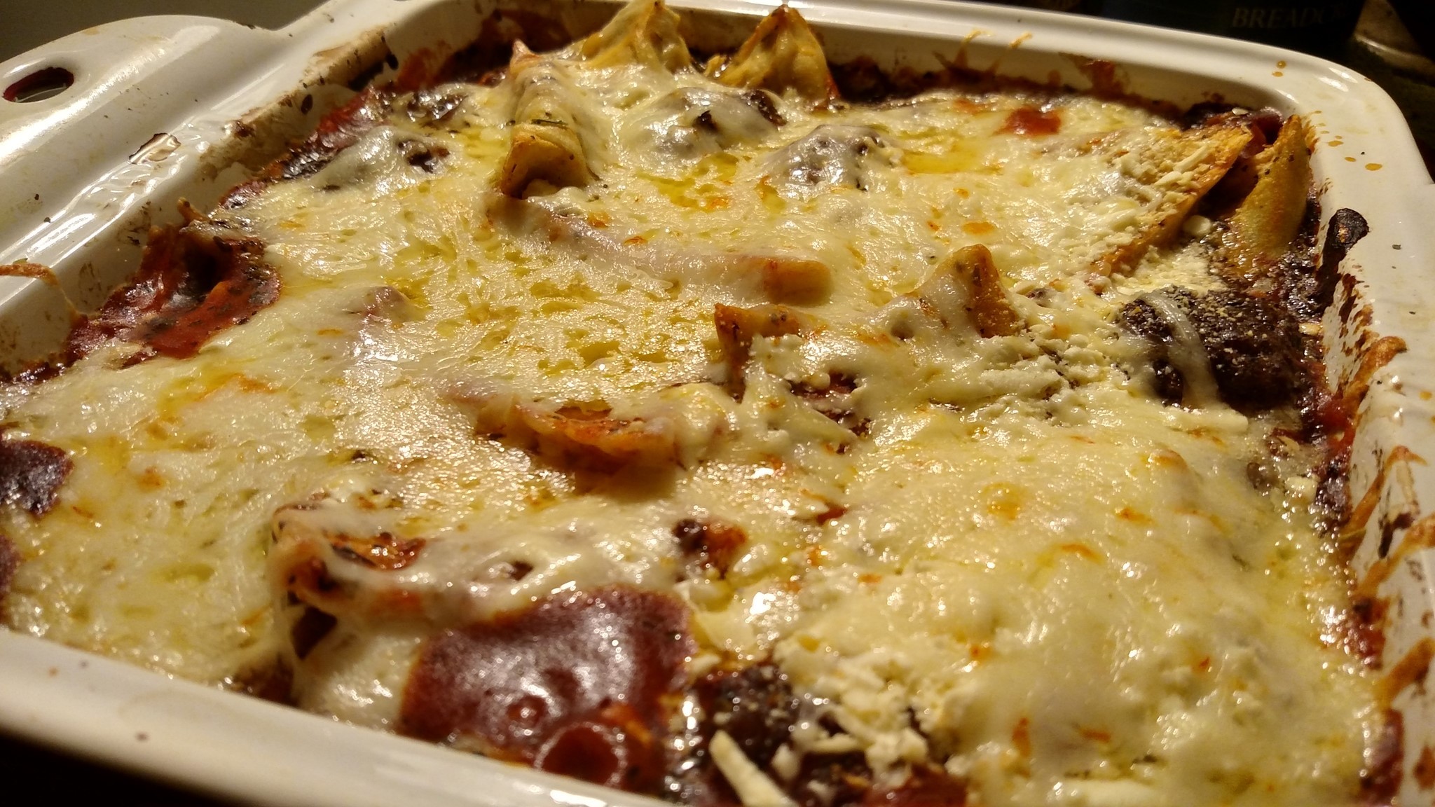 easy bake ravioli in baking dish hot from oven