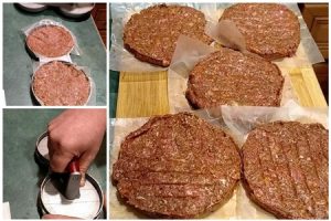 making chorizo burger patties with burger press