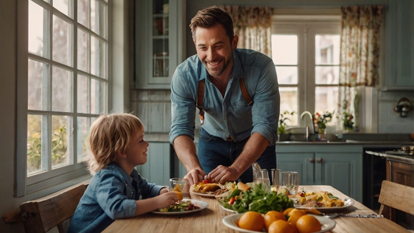 A relaxed family moment captured with a dad and son sharing lunch. (Easy Healthy Lunch Recipes)