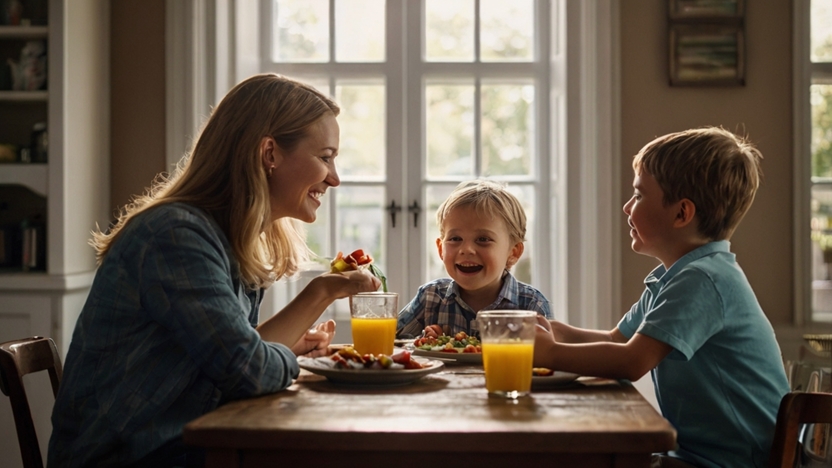 Two boys laughing and talking with their mom during breakfast in a sunlit room. (Warm and hearty meals)