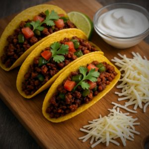 Freshly made tacos with seasoned chorizo meat and colorful toppings ready to be enjoyed.